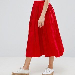 NWT ASOS Red Pleated Cotton Midi Skirt